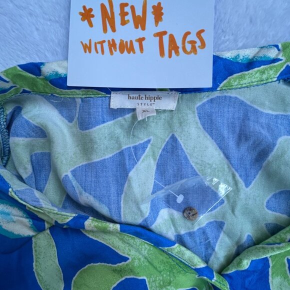 Haute Hippie Womens Tie-Front Button-Up Blouse XL Blue & Green Leaf Print NWOT - Picture 3 of 9